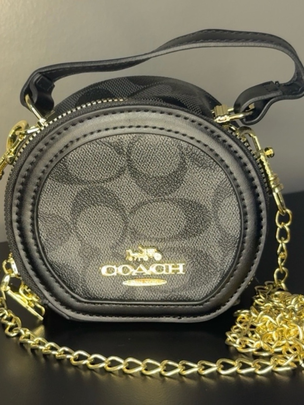COACH Black Signature Round Crossbody with Gold Chain